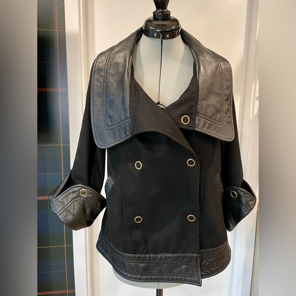 Mike & Chris Canvas & Leather Jacket, shawl collar, double breasted, blk,XS, EUC - Picture 2 of 10